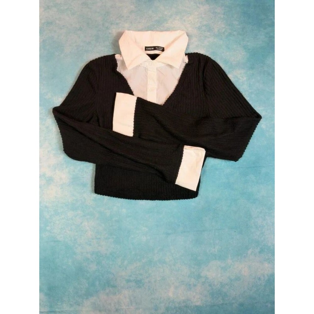 SHEIN Women’s S Black Ribbed Faux Layered Sweater White Collared Shirt Top